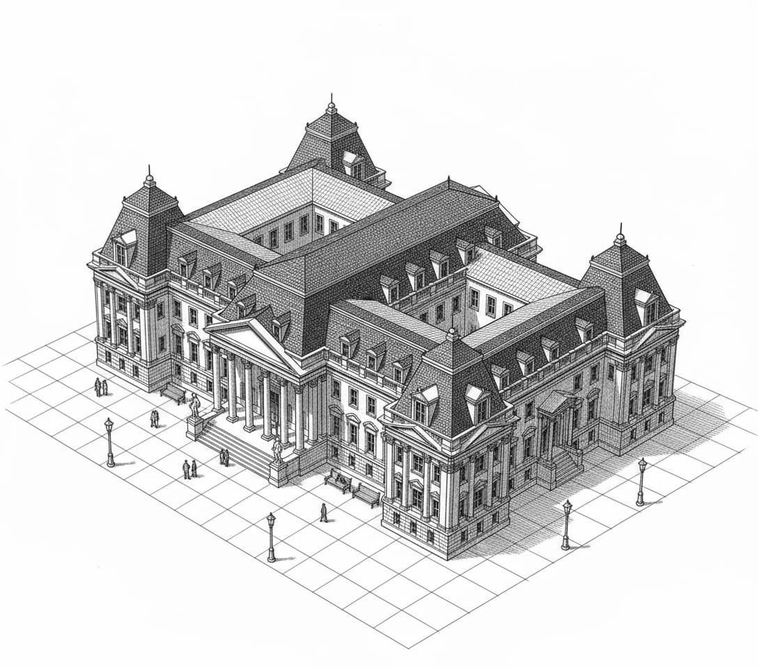 A line engraving of a Second Empire civic hall with a steep mansard roof, dormer windows and projecting corner pavilions, drawn from above in isometric projection across a gridded plaza
