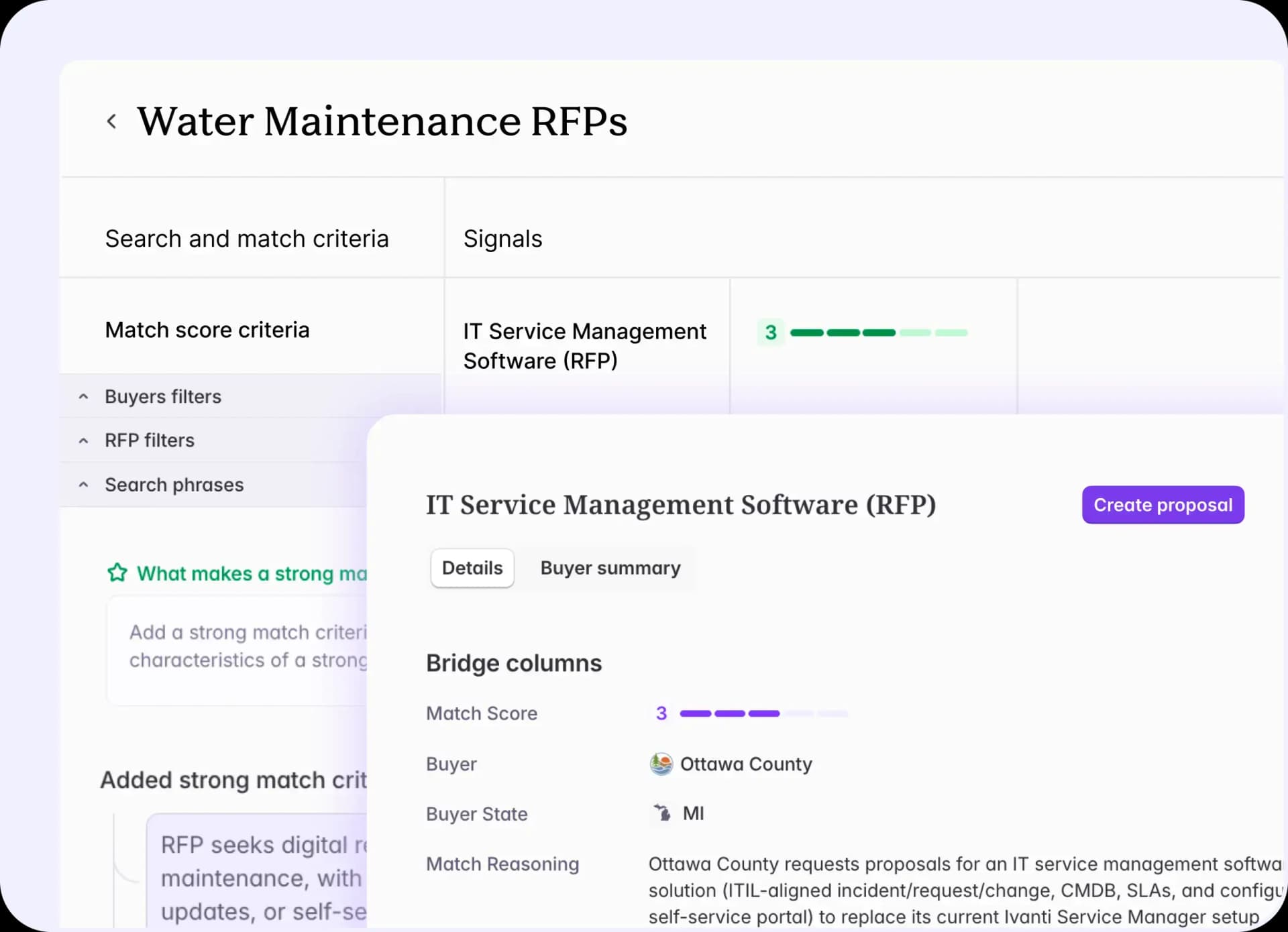 Starbridge RFP workspace with search and match criteria, signals, and an IT service management RFP ready to create a proposal from